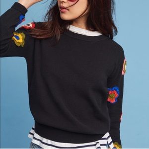 Anthropologie Black Sweater with Colorful Floral Accents